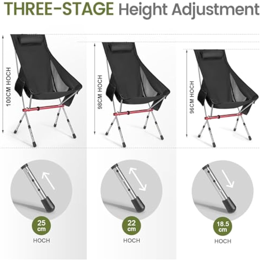 OKYUK New Foldable Camping Chair-High Back Support, 2 Storage Pouches, Adjustable Height, Lightweight Carry Bag – Perfect for Outdoor Adventures, Hiking, Beach Lounging, and Fishing Trips(Black)