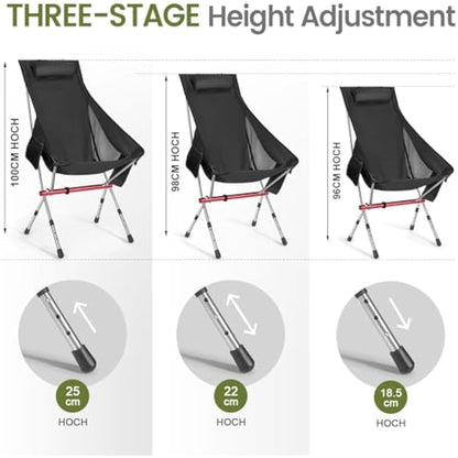 OKYUK New Foldable Camping Chair-High Back Support, 2 Storage Pouches, Adjustable Height, Lightweight Carry Bag – Perfect for Outdoor Adventures, Hiking, Beach Lounging, and Fishing Trips(Black)