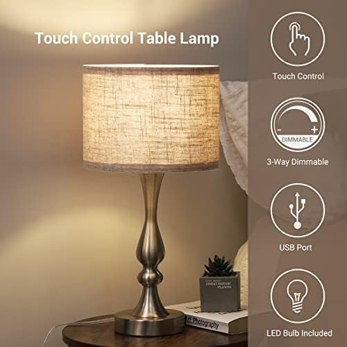 EDISHINE Bedside Lamps Set of 2, 3 Way Dimmable Touch Lamp with USB Charging, Table Lamps for Living Room, Bedroom, Beige Linen Shade (LED Bulbs Included)