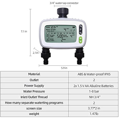 Aqualin Watering Irrigation System Sprinkler Water Hose Timer 2 Zone with FSTN Large LCD Screen for Garden Plants
