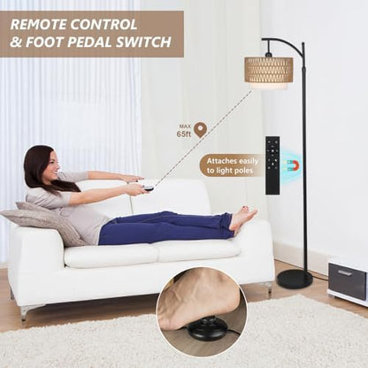 Rayofly Arc Floor Lamp for Living Room, Dimmable Floor Lamps with Remote Control, Boho Standing Lamp with Rattan & Linen Double Shades, Black Reading Tall Lamp for Bedroom Office