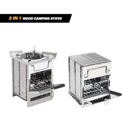 REDCAMP Wood Burning Camping Stove Folding with Pot Stand, Large Portable Stainless Steel 304# Grill Folding Wood Stove for Hiking Picnic Cooking Outdoor，Large