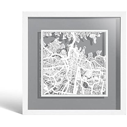O3 DESIGN STUDIO Sydney Paper Cut Map framed, White map, White frame, 9x9 inches, Gift Boxed, 4 background color, self-changing, Paper Art