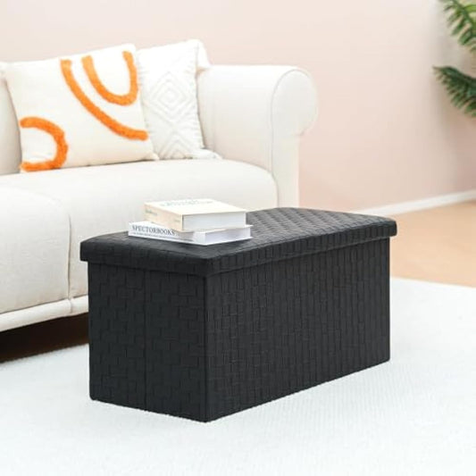 Bonlife Black Ottoman Storage Bench, Foldable Seat Faux Leather Foot Stool Storage Box with Lids for Kids Toys,Living Room, Hallway, Bedroom, 76 * 38 * 38cm