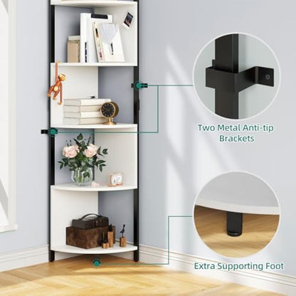 YITAHOME 6-Tier Corner Shelf, 68.8" Tall Modern Free Standing Zigzag Corner Bookshelf, 6 Shelf Display Corner Bookcase Open Small Book Shelves for Living Room, Home Office, Small Space, White