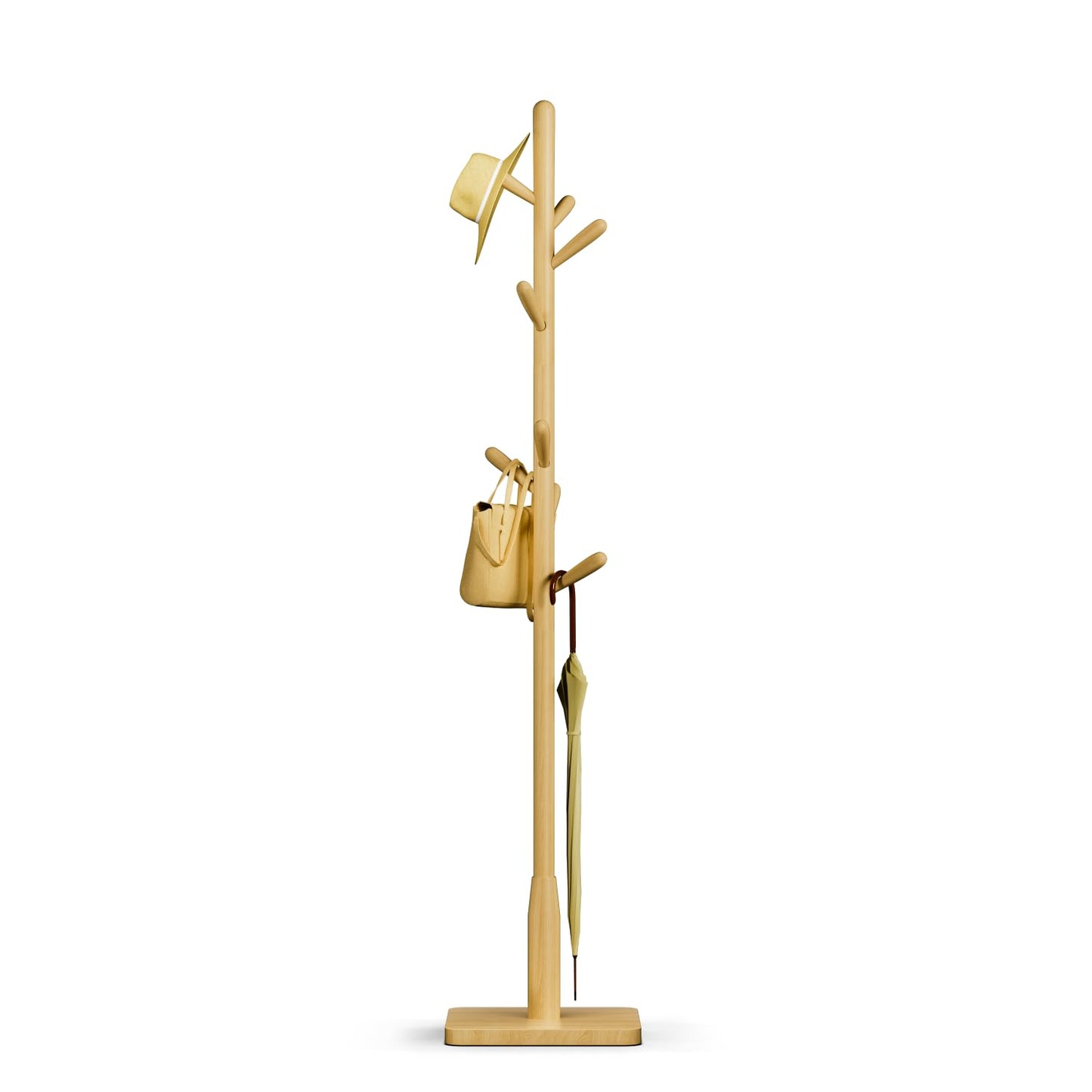 Solid Wood Square Base Coat Rack, Free Standing Hall Coat Tree with 8 Hooks（+2 spare) for Coats, Hats, Bags, Purses, for Entryway, Hallway
