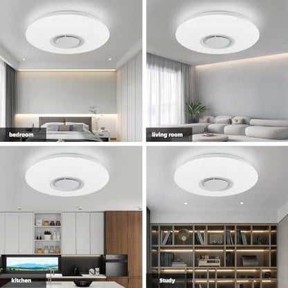 Horevo LED Ceiling Light Flush Mount Fixture with Bluetooth Speakers, 36W 20 Inch 6500K, Dimmable Recessed Down Lights, APP Remote Control/Timer/Color