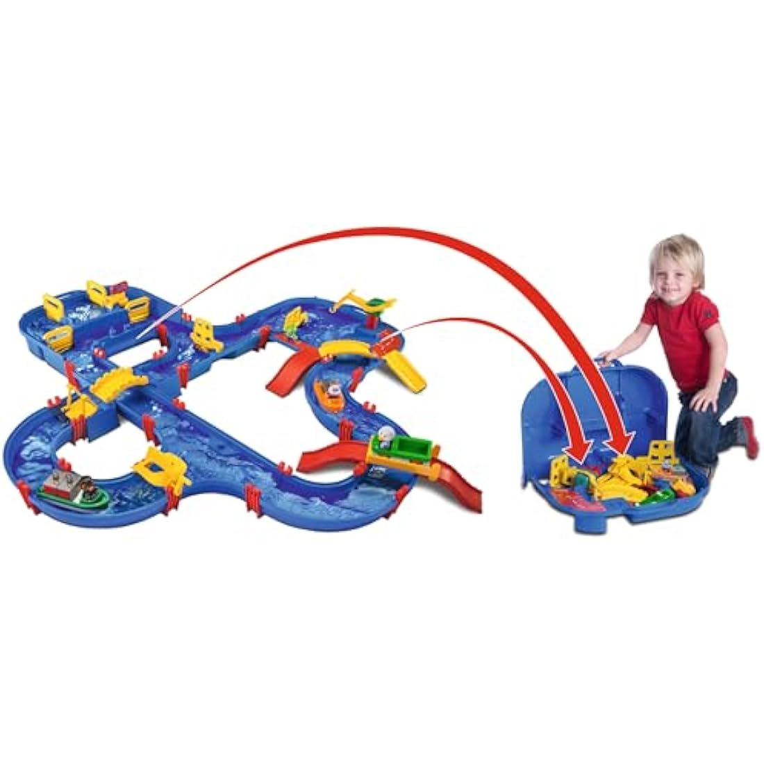 BIG Spielwarenfabrik 1650 AquaPlay - AmphieWorld - 145 x 156 cm Waterway, Includes 79 Pieces, Play Set Including 2 Boats, Amphibian Car and 3 Toy Figures, for Children from 3 Years