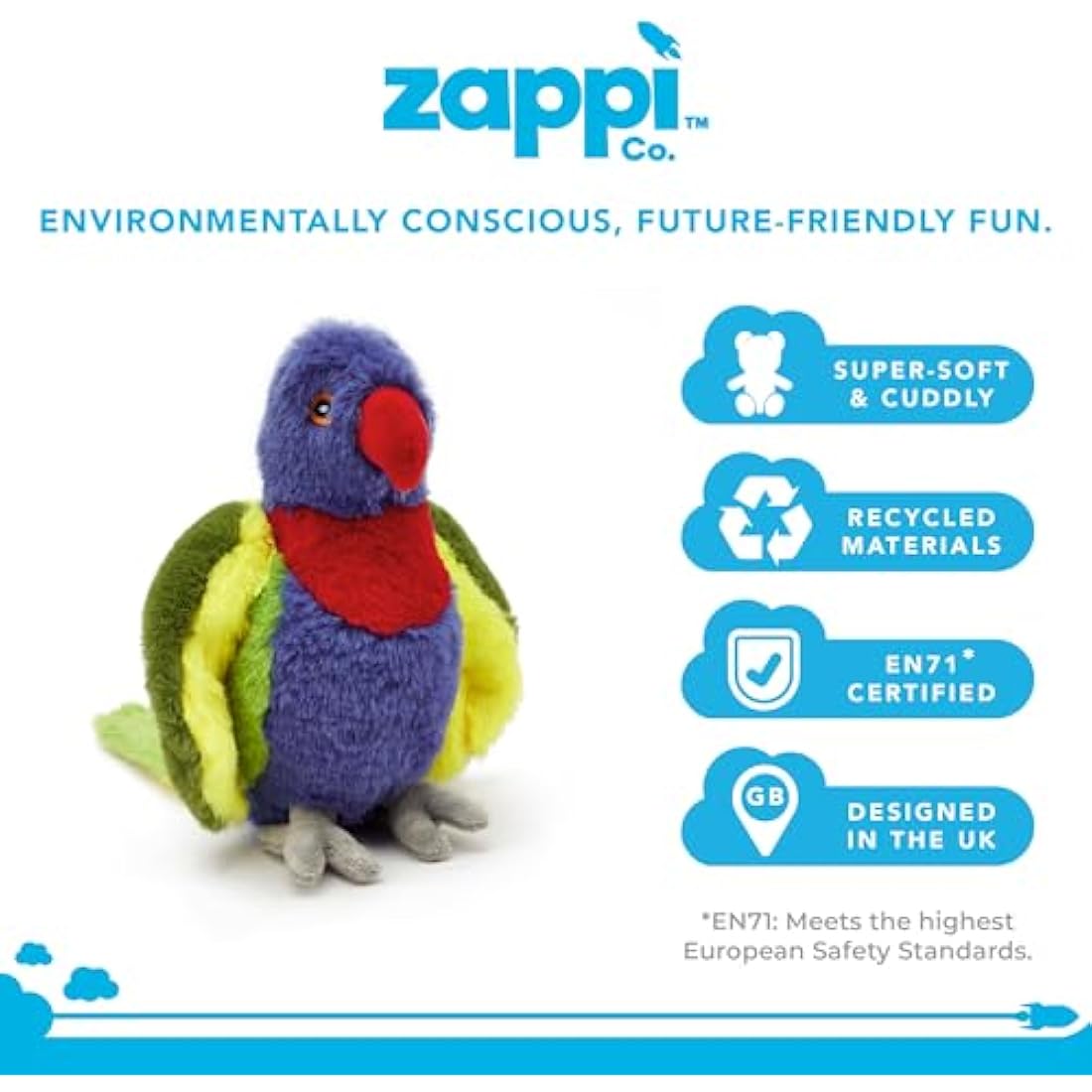 Zappi Co Ultra Soft Rainbow Lorikeet Plush Toy (21 cm Length) - 100% Recycled, Eco-Friendly, Newborn Gift, Realistic Lifelike