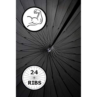 60MPH Strong Umbrella with 24 Ribs - Windproof Umbrella Automatic Large - Reinforced Frame - Wood Hook Handle - Best for Most Ribs - Designer Rainproof Big Golf Men Women - Black