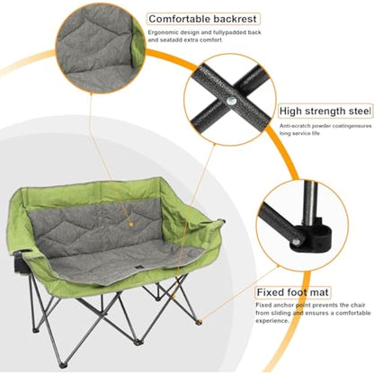 LANMOUNTAIN Folding Loveseat Camping Chair, Portable Double Chair w/Cup Holder,Wine Glass Holder,Carry Bag Heavy Duty Lawn Chair for 2 Adults,Perfect for Camp,Hiking,Picnics and Beach Trips,Green