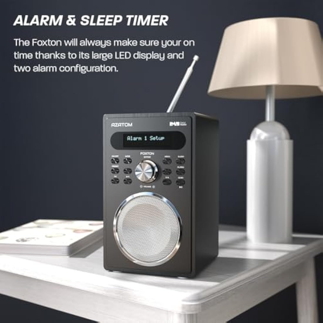 DAB/DAB+ & FM Digital Radio | Simple Controls | Dual Alarms & Sleep Timer | Mains Powered | Bluetooth | USB Device Charging | Perfect for Home, Office or Outdoors | AZATOM Foxton FX2 (Black)