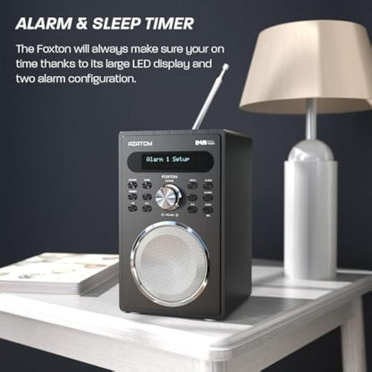 DAB/DAB+ & FM Digital Radio | Simple Controls | Dual Alarms & Sleep Timer | Mains Powered | Bluetooth | USB Device Charging | Perfect for Home, Office or Outdoors | AZATOM Foxton FX2 (Black)