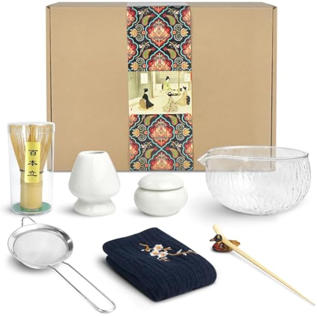 Artcome 9 Pcs Japanese Matcha Tea Set, Matcha Bowl with Pouring Spout, Matcha Whisk, Tea Scoop, Whisk Holder, Matcha Powder Caddy, Handmade Matcha Ceremony Kit For Japanese Tea Ceremony (White)