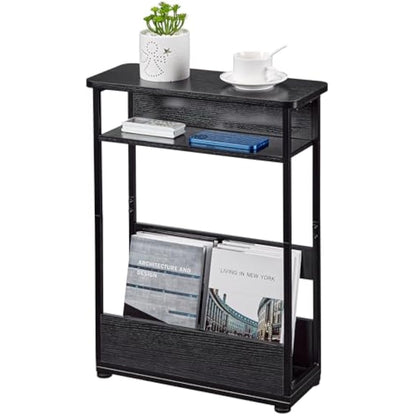 YEAKOO Narrow Side Table for Narrow and Small Spaces, Skinny Bedside Table Small Nightstand with Magazine Rack Space Saving (Black, M)