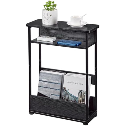 YEAKOO Narrow Side Table for Narrow and Small Spaces, Skinny Bedside Table Small Nightstand with Magazine Rack Space Saving (Black, M)