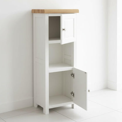ALL WHITE Slim Cabinet Bathroom Storage, Painted White Cabinet with Natural Wood Top, Double Door, Ready Assembled (White 2)