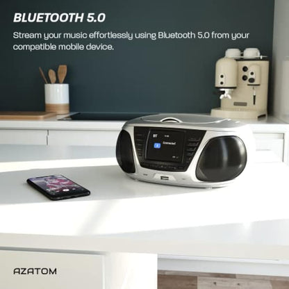 Portable CD Player with DAB/DAB+/FM Digital Radio | Bluetooth & USB MP3 Player | Large Display | Battery & Mains Powered (6x”C”) | Perfect for Home, Office or Outdoors | AZATOM Zenith Z4 (Silver)