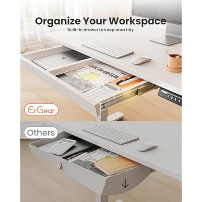 ErGear Electric Standing Desk 120 x 60 cm, Height Adjustable Desk, Sit Stand Table with Easy-Glide Drawer & 4 Memory Smart Pannal, T-Leg Design for Stability, Splice Board, White Frame & Surface