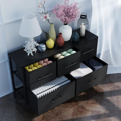 MYGIIVOVO Chest of Drawers, Dresser for Bedroom with 5 Fabric Drawers, TV Stand with 4 Castors, Storage Organizer Unit for Living Room Kids Room (Black)