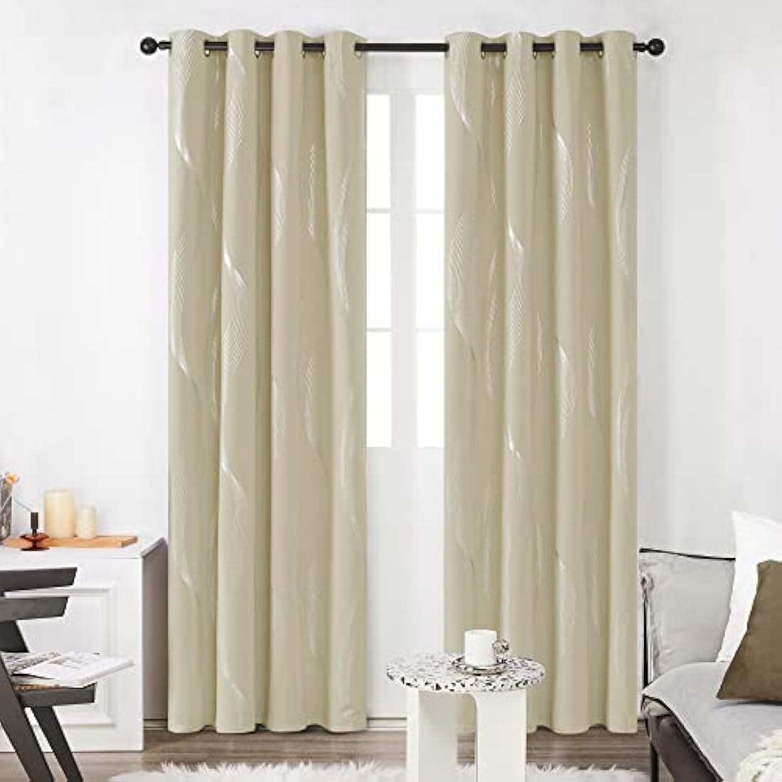 Deconovo Soft Wave Line Foil Printed Blackout Curtains Thermal Insulated Curtains Eyelet Energy Efficiency Room Darkening Curtains for Bedroom 46 x 72 Inch Beige Two Panels