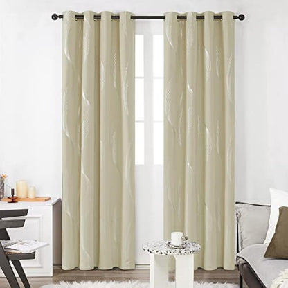Deconovo Soft Wave Line Foil Printed Blackout Curtains Thermal Insulated Curtains Eyelet Energy Efficiency Room Darkening Curtains for Bedroom 46 x 72 Inch Beige Two Panels