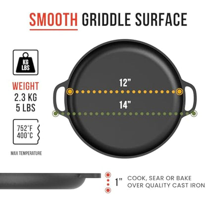 Chef Pomodoro Cast Iron Pizza Pan, Pre-Seasoned 12 Inch Skillet With Handles, Griddle for Dosa Tawa Roti, Comal for Tortillas, Baking on Stove, Oven, Grill BBQ and Camping