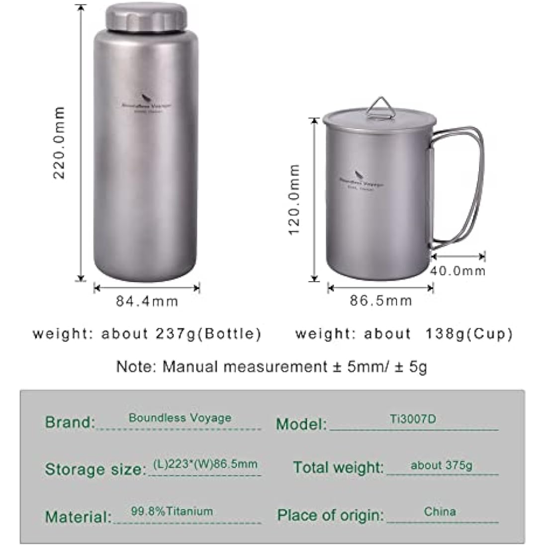 iBasingo 1050ml Titanium Bottle with 600ml Nesting Cup Outdoor Camping Single Layer Wide Mouth Cookware Lightweight Portable Big Capacity Bottle Mug Set Hiking Picnic Solo Cooking Mess Kit Ti3007D