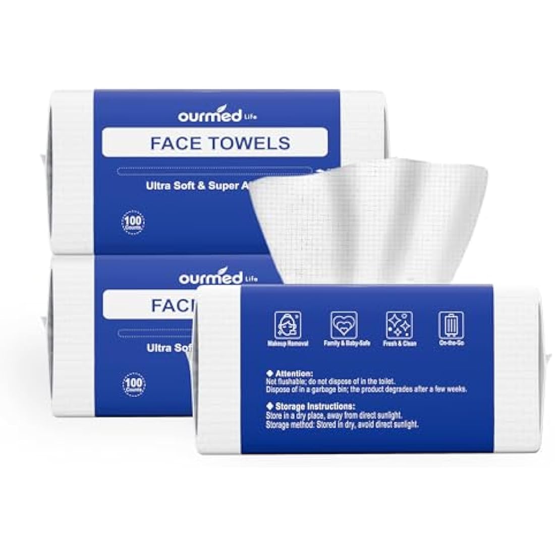 Ourmed Life Face Towels, Disposable Biodegradable Clean Face Wipes for Sensitive Skin, Lint- free Facial Towels for Women Cleansing, Skincare and Makeup Remover, Dry Wipes,300 Count EF Texture