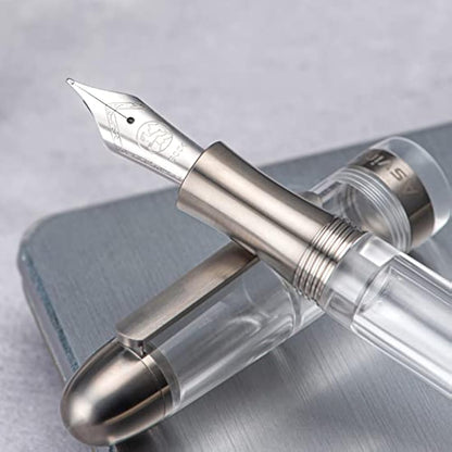 Asvine P36 Titanium Fountain Pen Clear Transparent Acrylic Piston Filling Pen, Bock Broad Nib Smooth Writing Pen Case Set