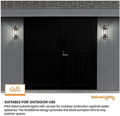 National Lighting Black Outdoor Security Lights - PIR External Wall Light - Motion Sensor Presence Detector Half Lantern Garden Porch Wall Lamp - IP44 Rated 60W GLS ES or LED E27 (Not Included)