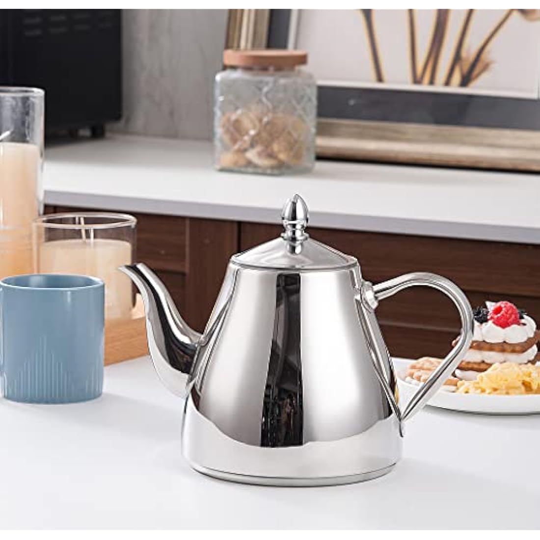 SANQIAHOME Stainless Steel Teapot Coffee Servers 70oz(2.0 litres) 6-8 Cups，Easy Pour Silver Tea Pot