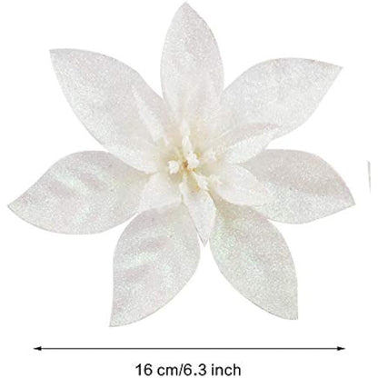 GL-Turelfies 12 Pcs Glitter Christmas Flowers(16cm/6.3’’) with 12 Pcs Clips Artificial Poinsettia Flower Christmas Tree Flower Decorations Xmas Tree Ornaments (White)