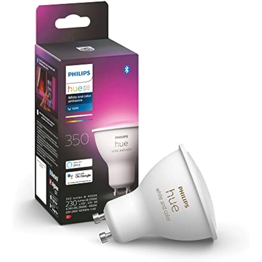 Philips Hue New White and Colour Ambiance Smart Light [GU10 Spot] with Bluetooth. Works with Alexa, Google Assistant and Apple Homekit. for Home Indoor Lighting for Livingroom, Lounge.