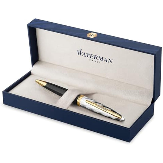 Waterman Carene Ballpoint Pen | Metal & Black Lacquer with Gold trim & Chiselled cap | Medium Tip | Blue Ink | Gift Box