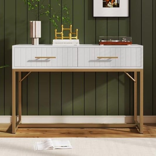 Merax Modern Desk with Drawers 2, Dressing Table with Ribbing Drawer Fronts, Wooden Vanity Desk, Golden Metal Legs, Makeup Desk Storage Table for Bedroom Living Room, White, 100 x 45 x 75cm