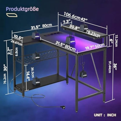 Bestier 106.5CM L-Shaped Gaming Desk with RGB LED Lights Carbon Fibre Surface, 3 Power Outlets & 2 USB Ports, Reversible Corner Desk with Shelves & Hooks for Home Office & Small Spaces