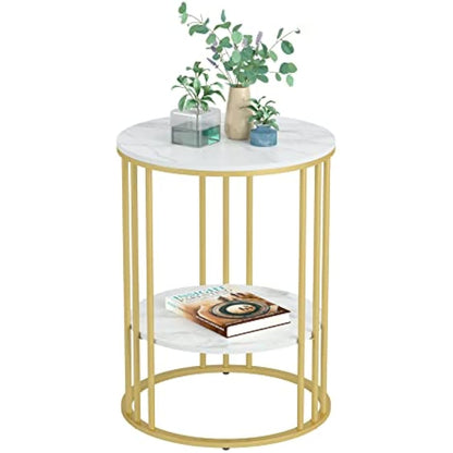 Marble Top Side Table Gold: Small Circle End Tables 40 x 54cm Sintered Stone Bedside with Metal Golden Legs Modern White Nightstand 2 Tier Round Sofa Coffee Table for Bedroom Living Room Furniture
