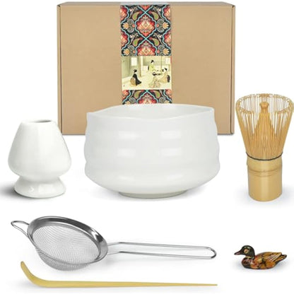 Artcome Matcha Ceremony Kit for Japanese Tea Ceremony, Traditional Matcha Bowl, Whisk, Tea Scoop, Matcha Powder Strainer, Matcha Tea Set for Making Usucha, Koicha and Matcha Latte (White)