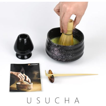 Artcome Matcha Ceremony Kit for Japanese Tea Ceremony, Traditional Matcha Bowl, Whisk, Tea Scoop, Matcha Powder Strainer, Matcha Tea Set for Making Usucha, Koicha and Matcha Latte (Black)