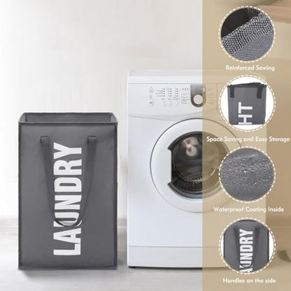 Maxsilan 50L Laundry Basket with Extended Handle, Collapisable Laundry Bag, Foldable Laundry Hamper, Folding Washing Storage Bin, Dark Grey