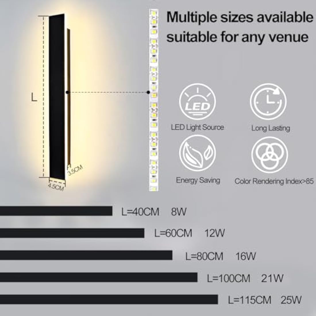 ZTWLEED LED Outdoor Wall Light 25W 115CM Minimalist Metal Wall Lights,Waterproof IP65 Outdoor Lighting Acrylic Lampshade,4000K Natural White,Outdoor Lighting for Patio