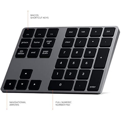 Satechi Bluetooth Extended Numeric Keypad – Slim Rechargeable 34-Key Numberpad – for M4/M2/M1 MacBook Pro/Air, M4/M2/M1 iPad Pro/Air, M2 Mac Mini, iMac M1/M4 (Space Grey) (US-QWERTY LAYOUT)