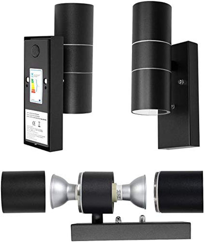 Wondlumi Outdoor Wall Lights Dusk Till Dawn Sensor, Outside Lights Mains Powered 240V IP44 Black Incl. 2X 5W GU10 Bulbs Cool White 6000K