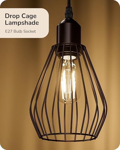 EDISHINE Industrial Floor Lamp, Dimmable Standing Lamp with Wire Cage Lampshade, Floor Lamps for Living Room, Bedroom, E27 Sockets, 3 LED Bulbs Included, Brown Metal