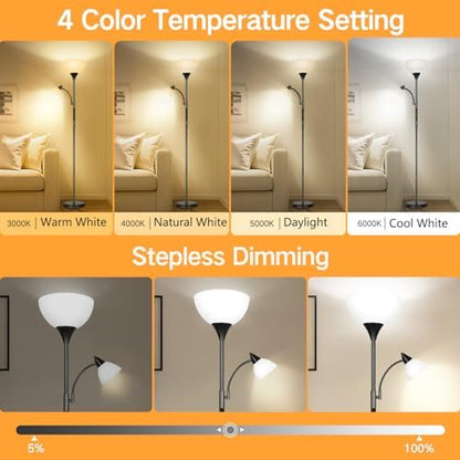 OUTON LED Dimmable Floor Lamp with Touch Control & Remote & App Control, Uplighter Mother and Child Floor Lamp with Reading Lamp, 1 Hour Timer, Tall Standing Lamp for Living Room, Bedroom, Office