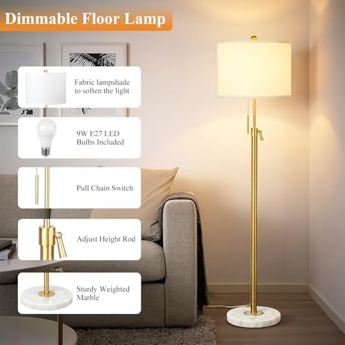 Floor Lamp,Floor Lamps for Living Room,Gold Modern Standing Lamp with Lampshade,3 Colors Temperature,Height Adjustable,Standard Lamps for Living Room Bedroom Office(9W Bulb Included)