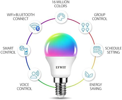 LVWIT E14 Smart Bulb,P45 RGB Golf Ball Smart Light Bulb,470Lm,5W Replace 40 Watt,WiFi LED Light Bulbs Dimmable Compatible with Alexa,Echo and Google Assistant,Tuya(Pack of 6)