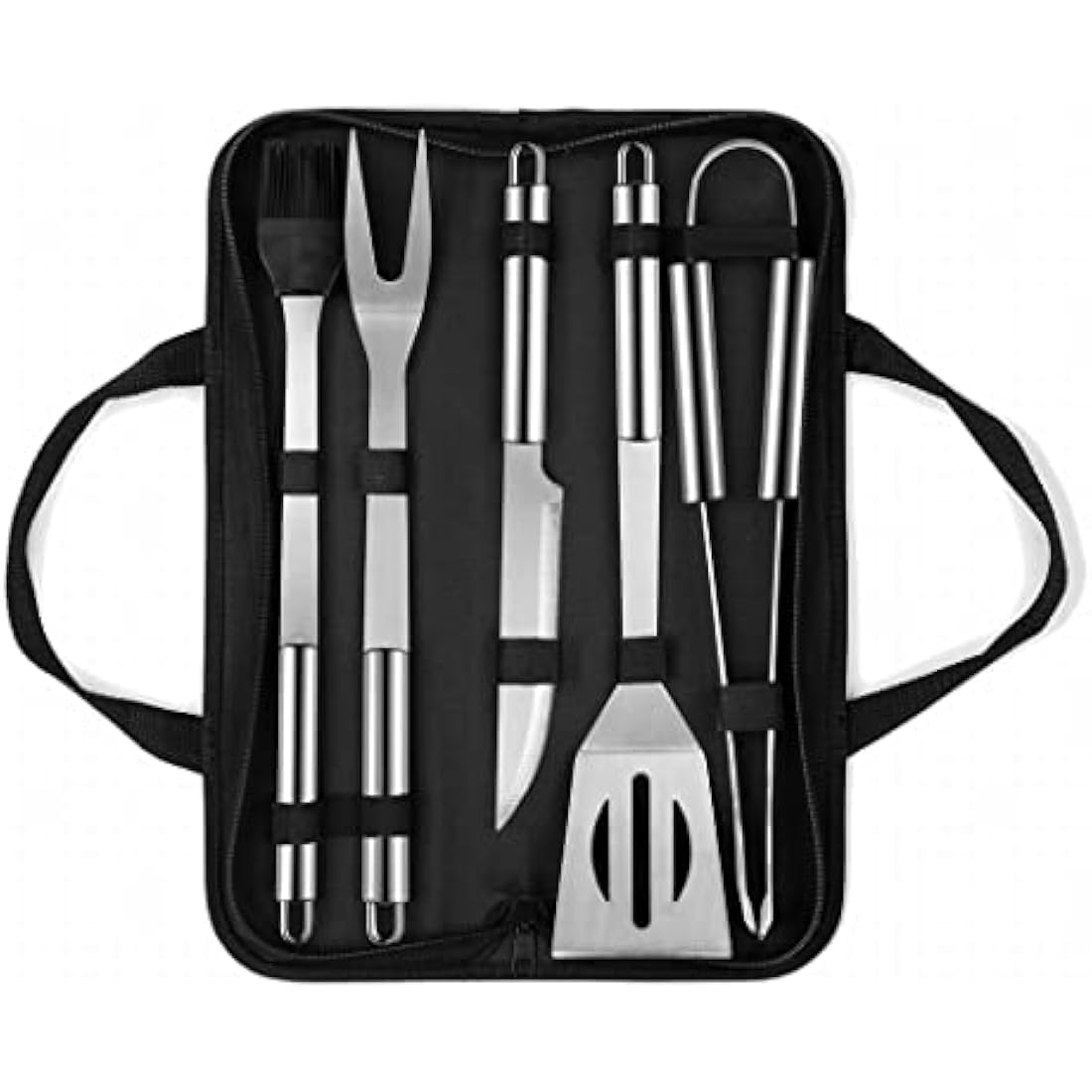 QMQ Utensil BBQ Barbecue Tool Set 5 Pieces Stainless Steel Grill Accessories with Carry Case – Complete Tool Kit with Tongs Spatula Meat Fork and Basting Brush