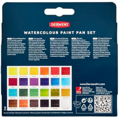 Derwent Watercolour Paint Pan 24 Set, Set of 24, Half Pan Size, Water-Soluble, Ideal for Painting, Professional Quality, Travel Size, 2306324